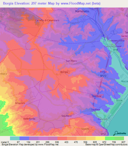 Borgia,Italy Elevation Map