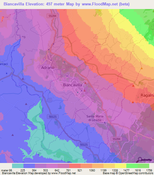 Biancavilla,Italy Elevation Map