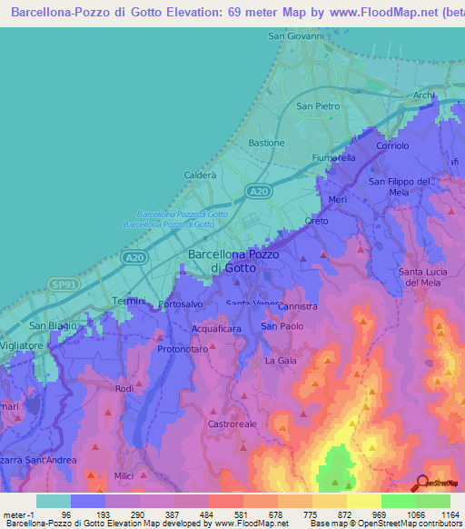 Barcellona-Pozzo di Gotto,Italy Elevation Map