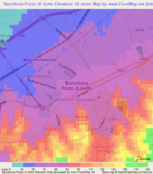 Barcellona-Pozzo di Gotto,Italy Elevation Map