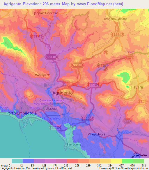 Agrigento,Italy Elevation Map