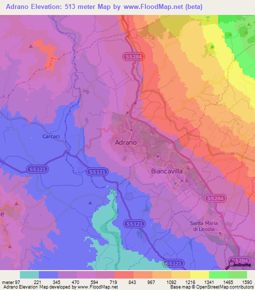 Adrano,Italy Elevation Map