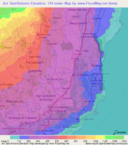 Aci Sant'Antonio,Italy Elevation Map