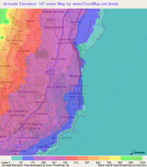 Acireale,Italy Elevation Map