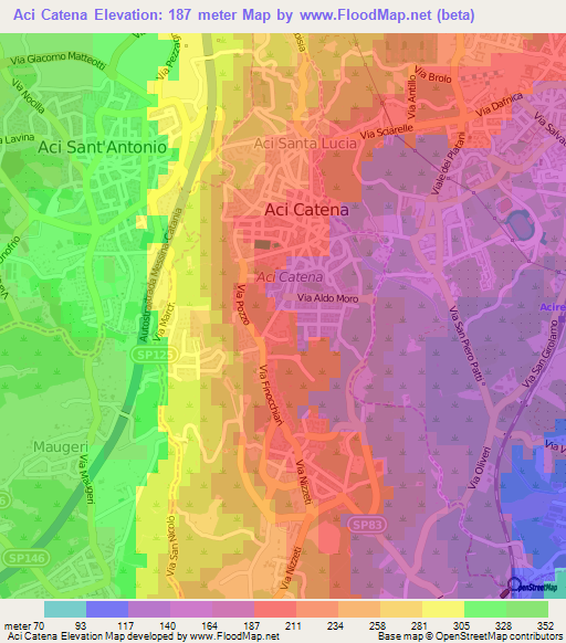 Aci Catena,Italy Elevation Map