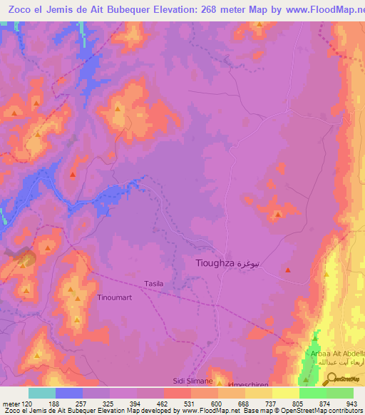 Zoco el Jemis de Ait Bubequer,Morocco Elevation Map