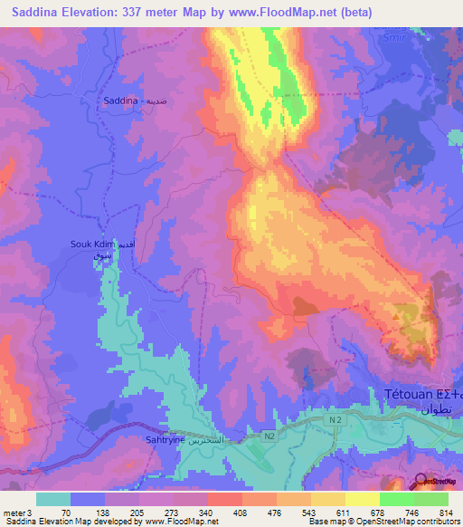 Saddina,Morocco Elevation Map