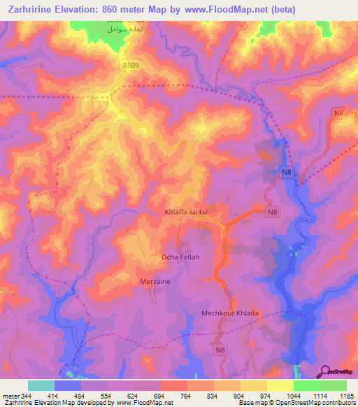 Zarhririne,Morocco Elevation Map