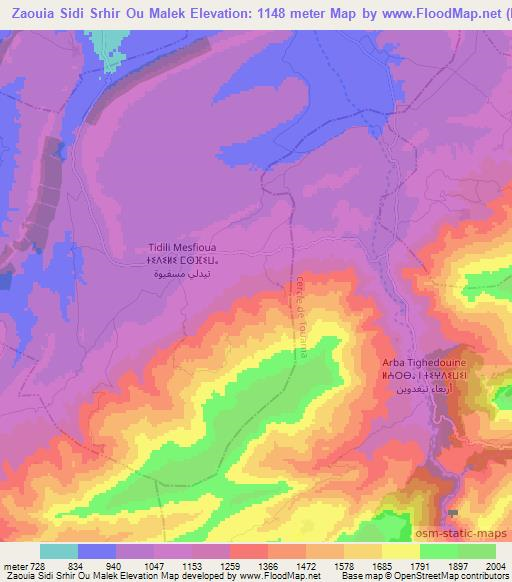 Zaouia Sidi Srhir Ou Malek,Morocco Elevation Map