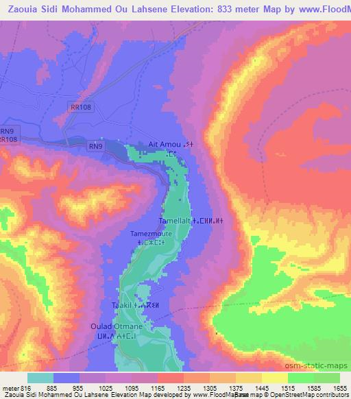 Zaouia Sidi Mohammed Ou Lahsene,Morocco Elevation Map