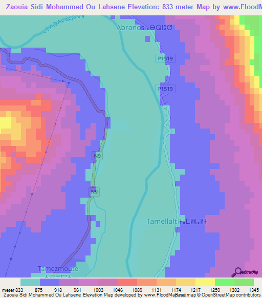 Zaouia Sidi Mohammed Ou Lahsene,Morocco Elevation Map