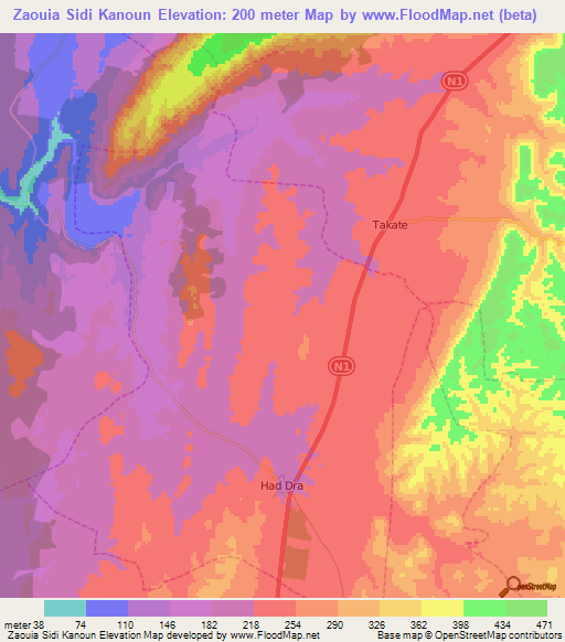 Zaouia Sidi Kanoun,Morocco Elevation Map