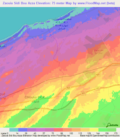 Zaouia Sidi Bou Azza,Morocco Elevation Map