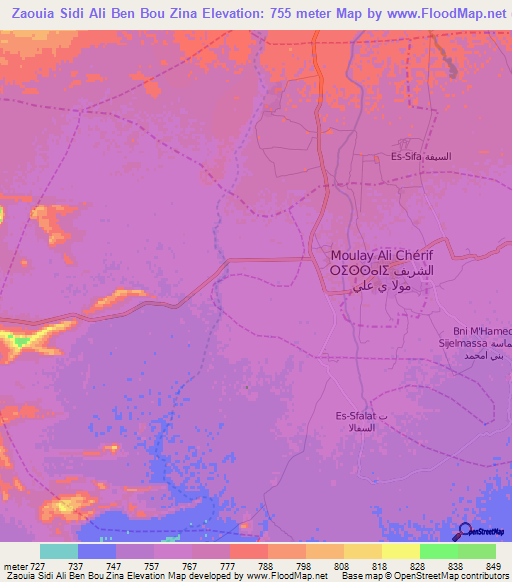 Zaouia Sidi Ali Ben Bou Zina,Morocco Elevation Map