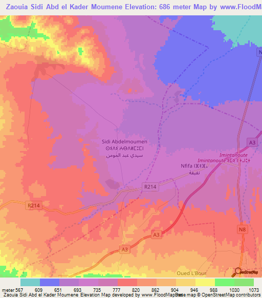 Zaouia Sidi Abd el Kader Moumene,Morocco Elevation Map