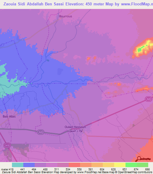 Zaouia Sidi Abdallah Ben Sassi,Morocco Elevation Map