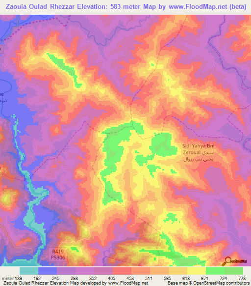 Zaouia Oulad Rhezzar,Morocco Elevation Map