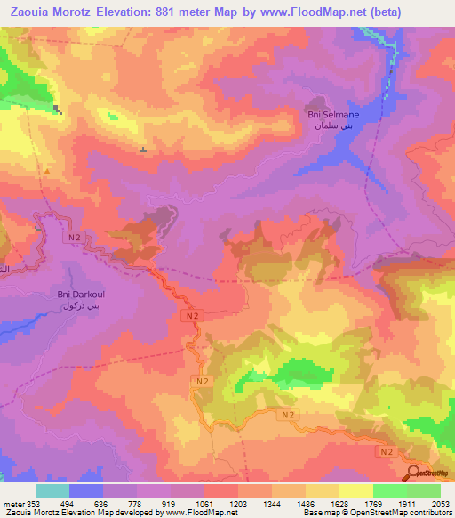 Zaouia Morotz,Morocco Elevation Map