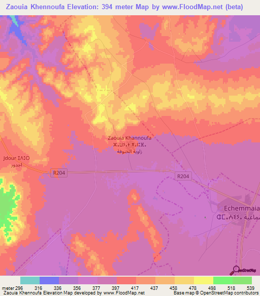 Zaouia Khennoufa,Morocco Elevation Map