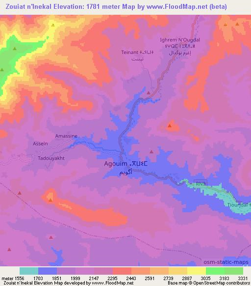 Zouiat n'Inekal,Morocco Elevation Map