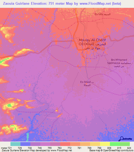 Zaouia Guirlane,Morocco Elevation Map