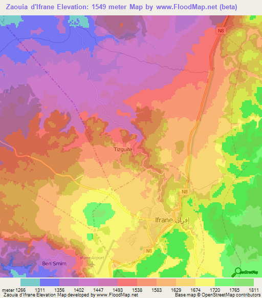 Zaouia d'Ifrane,Morocco Elevation Map