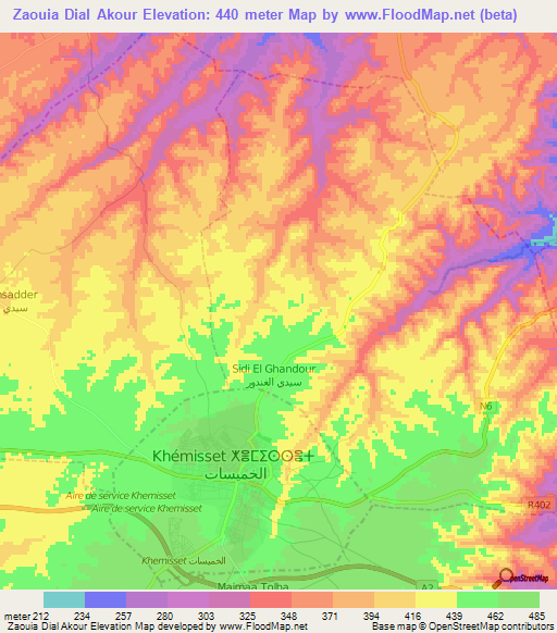 Zaouia Dial Akour,Morocco Elevation Map