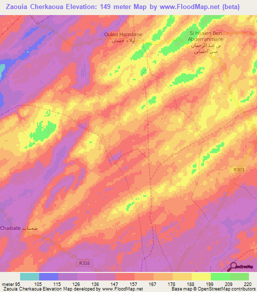 Zaouia Cherkaoua,Morocco Elevation Map