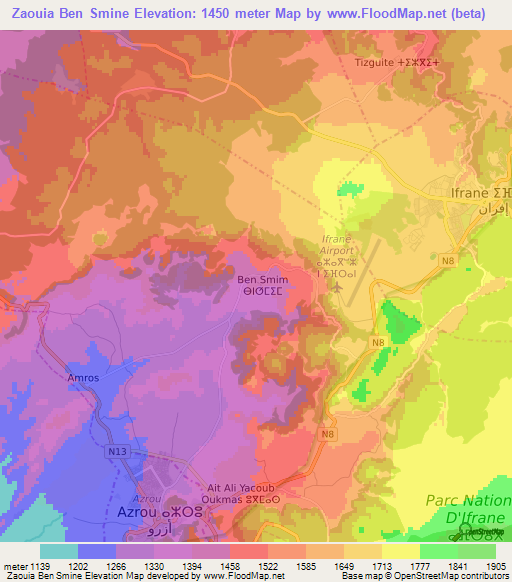 Zaouia Ben Smine,Morocco Elevation Map