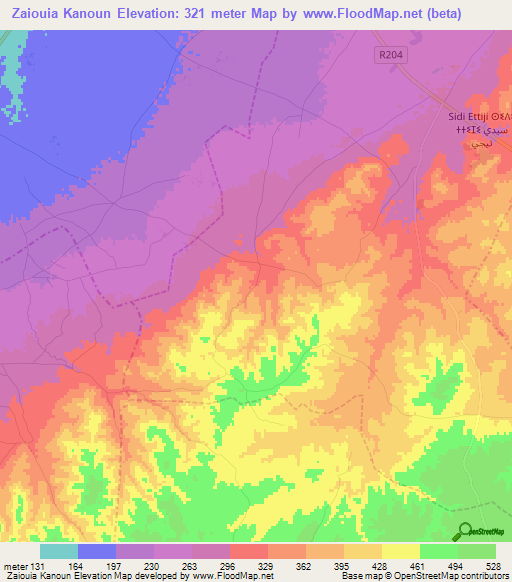 Zaiouia Kanoun,Morocco Elevation Map