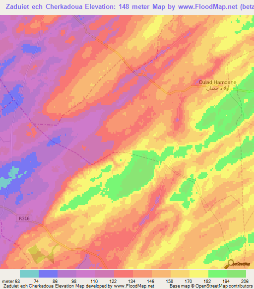 Zaduiet ech Cherkadoua,Morocco Elevation Map