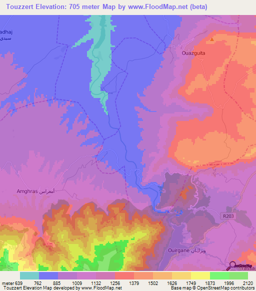 Touzzert,Morocco Elevation Map