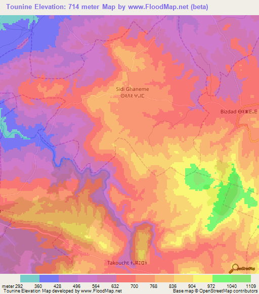 Tounine,Morocco Elevation Map