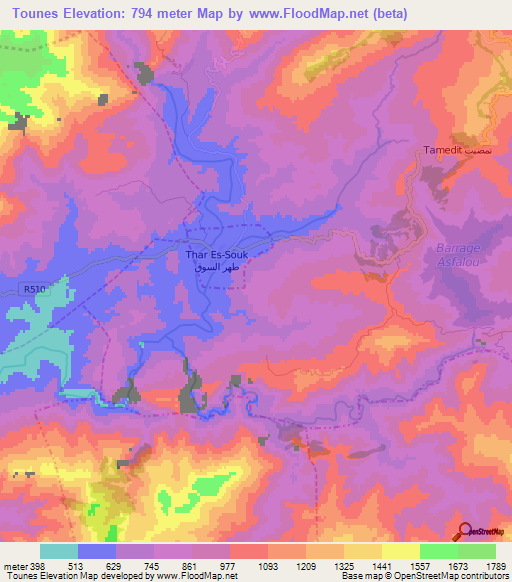 Tounes,Morocco Elevation Map