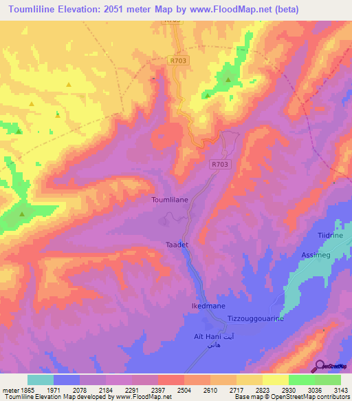 Toumliline,Morocco Elevation Map