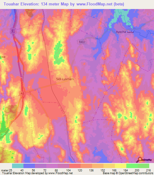 Touahar,Morocco Elevation Map