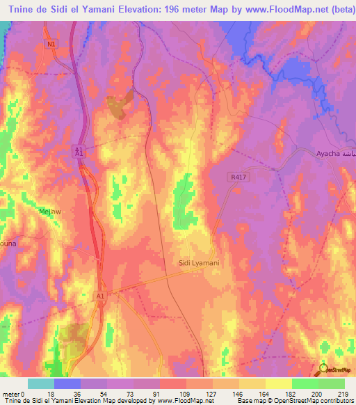 Tnine de Sidi el Yamani,Morocco Elevation Map