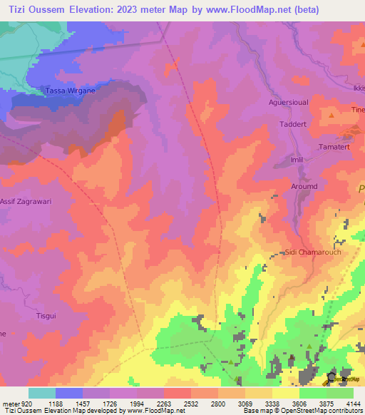 Tizi Oussem,Morocco Elevation Map