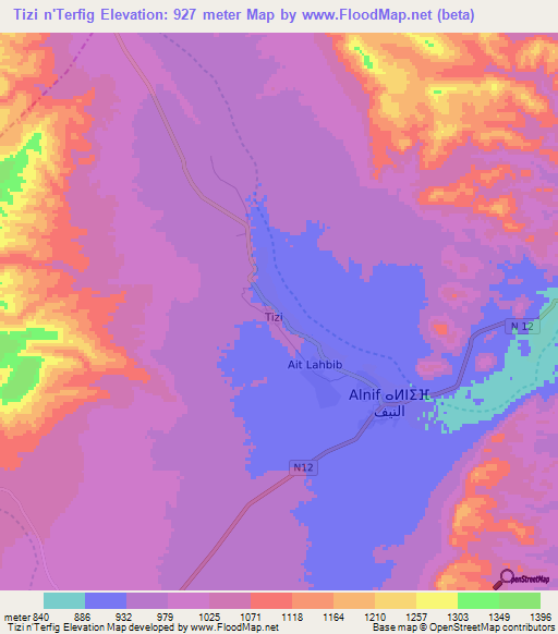 Tizi n'Terfig,Morocco Elevation Map