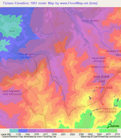 Tiziane,Morocco Elevation Map