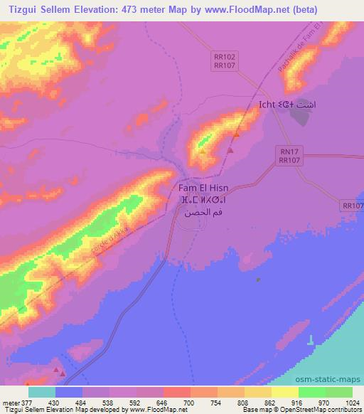 Tizgui Sellem,Morocco Elevation Map