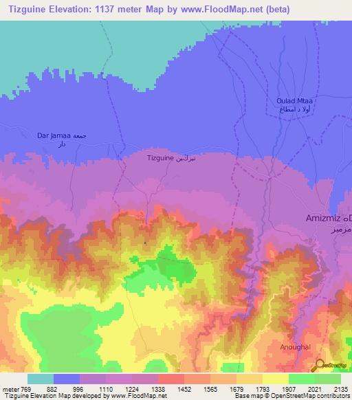 Tizguine,Morocco Elevation Map