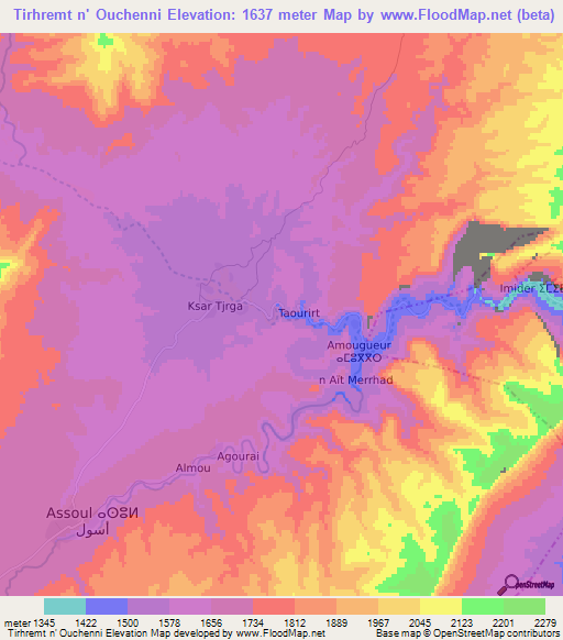 Tirhremt n' Ouchenni,Morocco Elevation Map