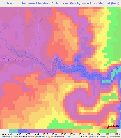 Tirhremt n' Ouchenni,Morocco Elevation Map