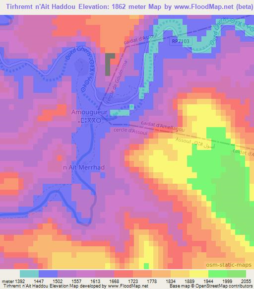 Tirhremt n'Ait Haddou,Morocco Elevation Map