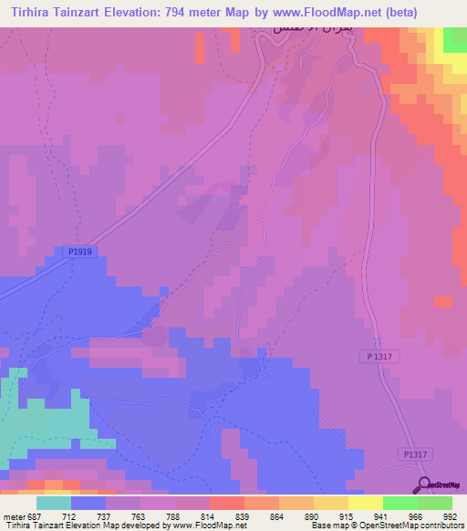 Tirhira Tainzart,Morocco Elevation Map