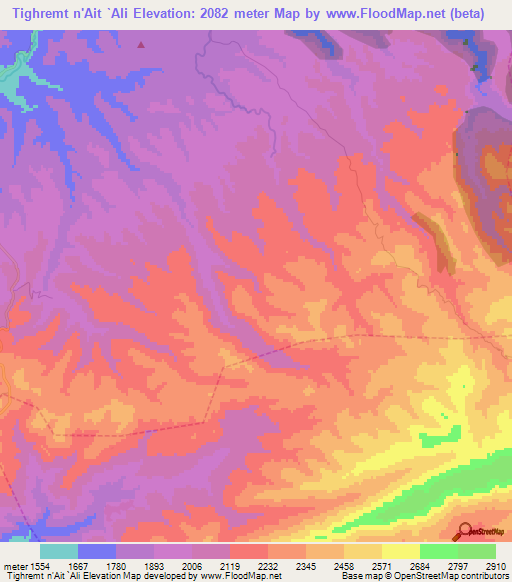 Tighremt n'Ait `Ali,Morocco Elevation Map