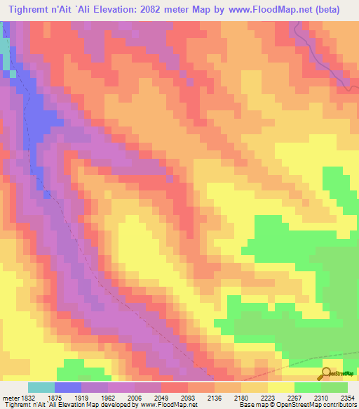 Tighremt n'Ait `Ali,Morocco Elevation Map