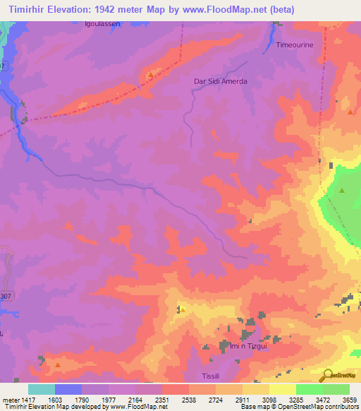 Timirhir,Morocco Elevation Map