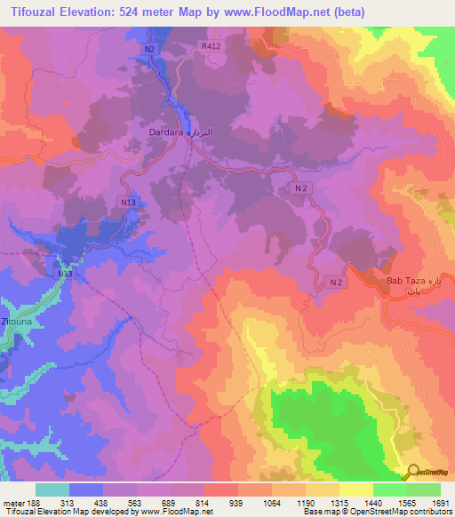 Tifouzal,Morocco Elevation Map